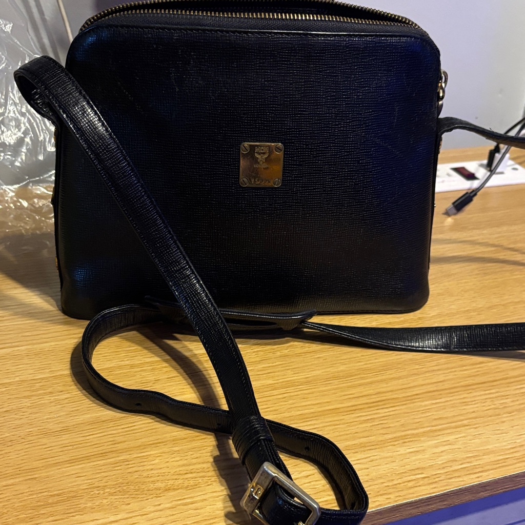 Mcm Black Leather Crossbody Bag With Gold Plaque